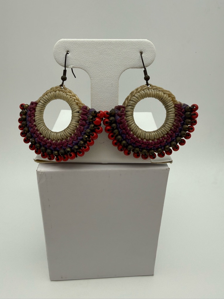 Handcrafted In Thailand Red And Natural Hoop Bead Earrings